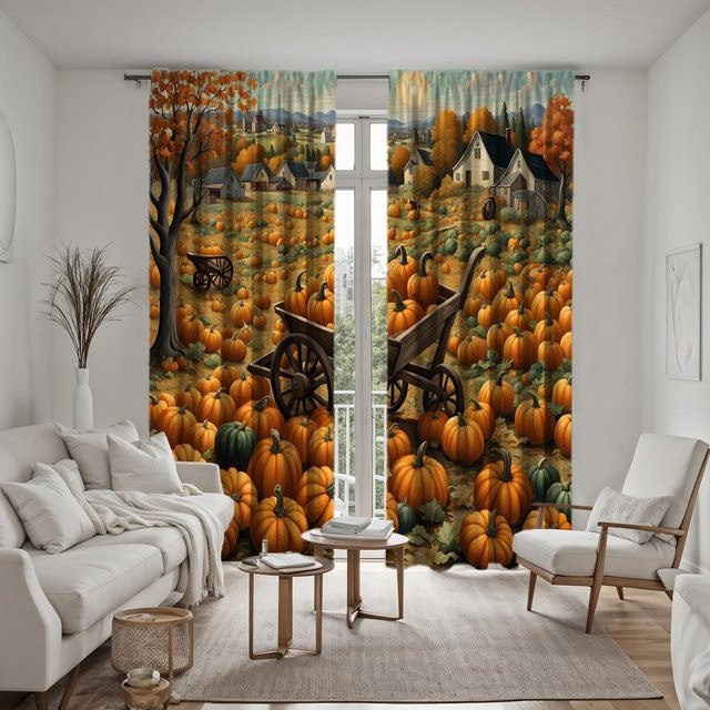 2er-Set Dekovorhang Landhausstil mit Kürbis-Print, Gelb-Schwarz-Orange, B: 132 cm, H: 160 cm - Bild 1