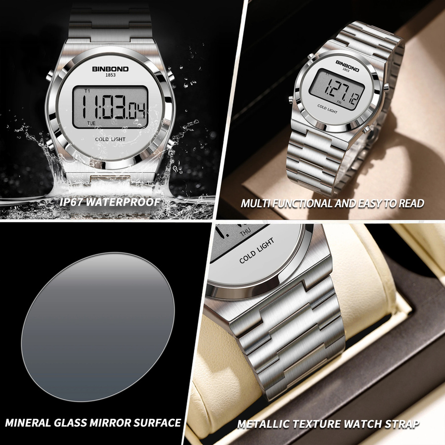 BINBOND Digitaluhr, Edelstahl, Silber, Herren - Bild 3