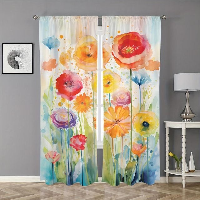 Bohème Stil Vorhänge mit Rosenmuster in Multicolour, 2 Paneele aus Viskose, Breite: 100 cm, Höhe: 130 cm - Bild 1