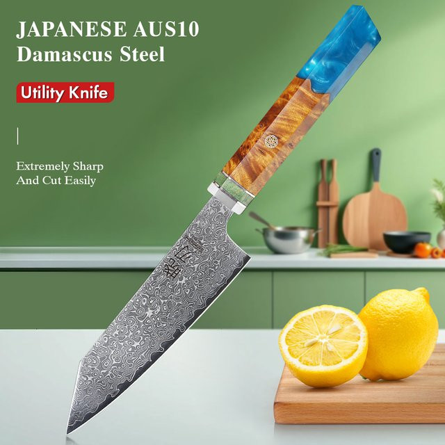 TURWHO Damaskus Utility Petty Messer aus handgemachtem Stahl mit Holzgriff für Küche, Obst und Fleisch - Bild 1