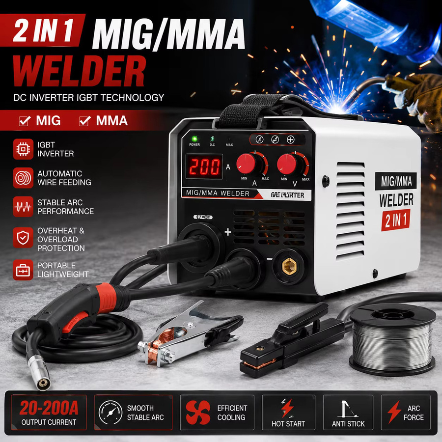 WUIETI 2-in-1 MIG und MMA Schweißgerät mit IGBT DC Inverter, gasgeschützter Lichtbogenschweißer mit automatischem Drahtvorschub in Weiß - Bild 4