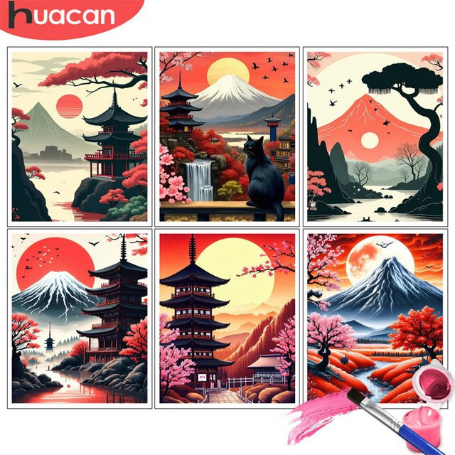 HUACAN Malen nach Zahlen Set Zen Pagode Sonnenuntergang Silhouette DIY Ölgemälde Landschaft Artcraft in Multicolor - Bild 1