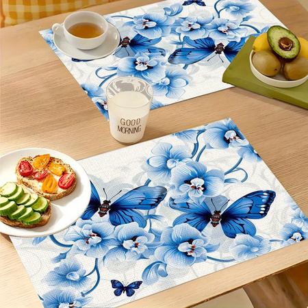 VIKAMA 4-teiliges Tischset aus Leinen mit Blumen- und Schmetterlingsmuster in Blau und Weiß, rechteckig, B/T: 45 x 30 cm