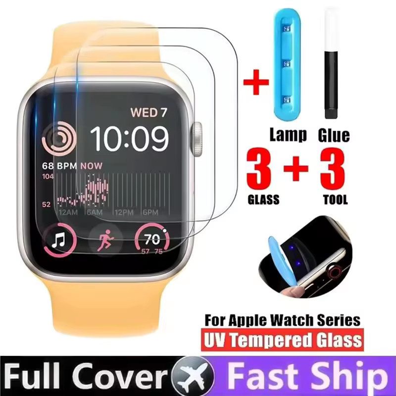 UV-Kleber Displayschutzfolie aus gehärtetem Glas für Apple Watch Serie 10, 9, 8, 7 sowie 46 mm, 45 mm, 44 mm und 41 mm, transparent - Bild 3