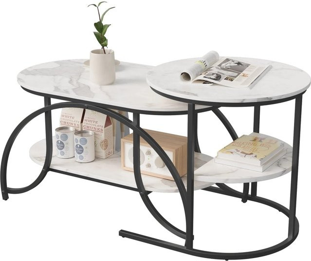 PXloue Satztisch Couchtisch mit Metallrahmen und höhenverstellbaren Platten aus Laminat, Schwarz oder Weiß, Rechteckig - Bild 1