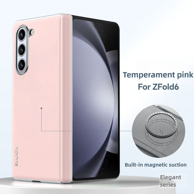 Minimalistische Flüssigleder-Schutzhülle mit magnetischer Anziehung und Edelstahl-Linsenscharnier-Schutz für Samsung Galaxy Z Fold 7, 6, 5, 5G in Pink - Bild 1
