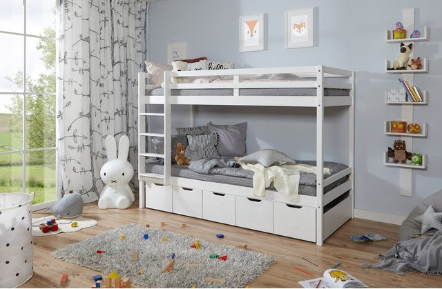 TiCAA Etagenbett Finn aus massivem Kiefer Holz in Weiß mit 5 Schubkästen - Bild 1
