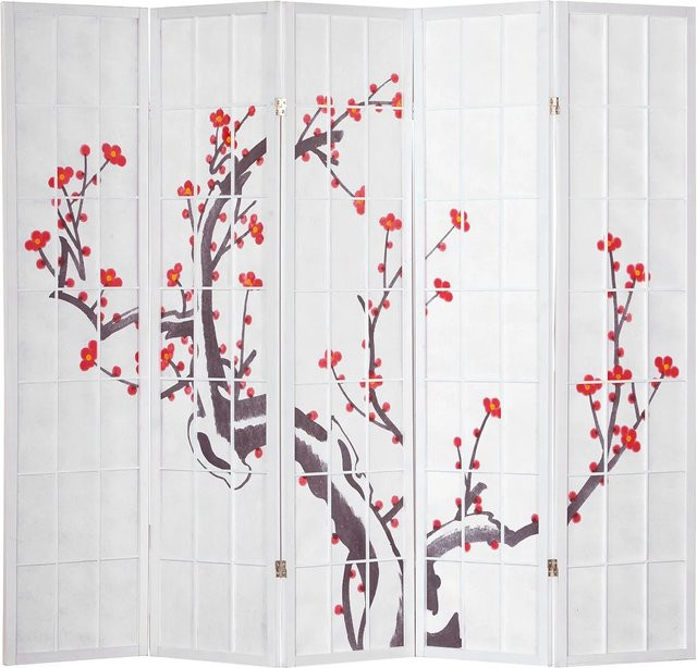 Homestyle4u 5-tlg. Paravent in Weiß mit Kirschblüten-Motiv aus Holz und Reispapier, Höhe: 179 cm, Breite: 220 cm - Bild 1