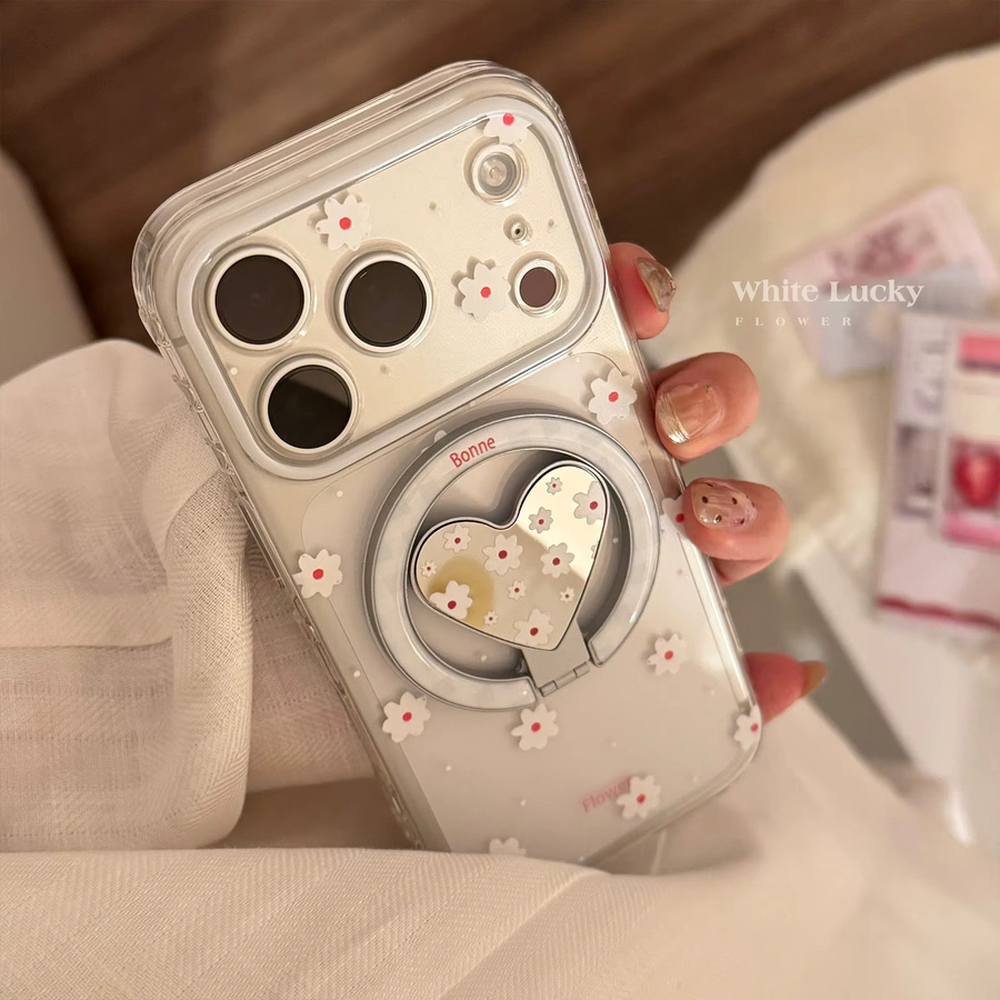 Potdemiel Handyhülle mit koreanischem Blumenmuster und magnetischem Liebesherz-Spiegel für iPhone 17 16 15 14 13 Pro Max, Transparent, Stoßfest und Weich - Bild 2