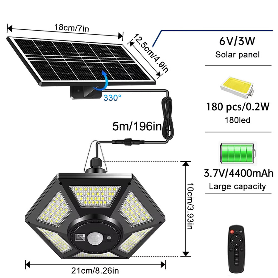 Solar-Pendelleuchte in Schwarz mit Bewegungssensor und Timer, wasserdichte Solar-Schuppenleuchte für Garten, Terrasse und Garage - Bild 4