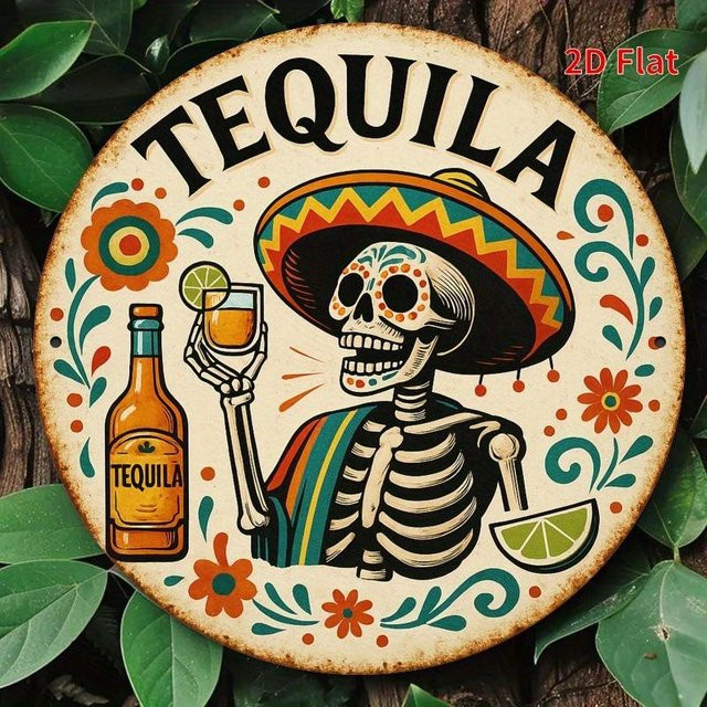 Blechschild Tequila Skelett Metallplakette Wanddekor Vintage Schwarz B: 20 cm, H: 20 cm - Bild 1