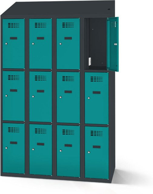 rotstahl Fächerschrank mit Ladefunktion und 12 Fächern in Türkis mit anthrazitgrauem Korpus, B: 120 cm, H: 200 cm - Bild 1
