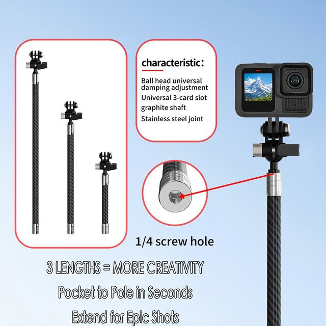 ARRI 1/4 Kugelkopfhalterung aus Carbon Fiber Rod als Helm Verlängerungsarm für GoPro und Insta360 X5 Action Kamera, Schwarz - Bild 1