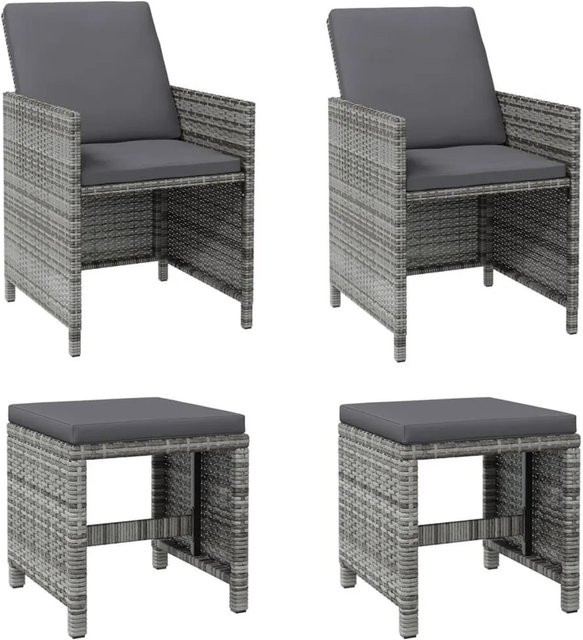Furnicato 4-tlg Gartenmöbel-Set aus Poly Rattan mit Kissen in Grau, Stuhl H x B x T: 85 x 52 x 56 cm, Hocker H x B x T: 35 x 41 x 41 cm - Bild 1