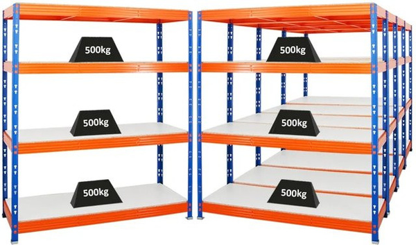 PROREGAL Rhino Schwerlastregal Set aus 5 Stück, Blau-Orange, H x B x T: 180 x 160 x 60 cm, mit 4 verstellbaren Melamin-Ebenen und 500 kg Fachlast