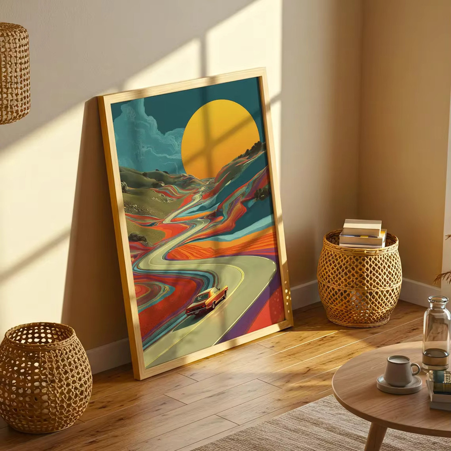Retro-psychedelischer Roadtrip Wandkunstdruck von SHENCHEN als Vintage-Poster mit Sonnenuntergang und surrealer Landschaft auf mehrfarbiger Leinwand - Bild 2