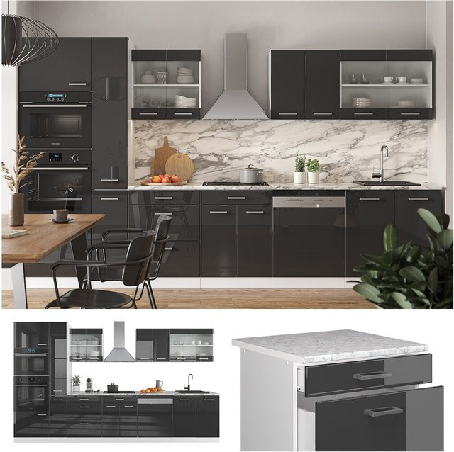 Vicco Küchenzeile R-Line Einbauküche in Weiß und Anthrazit Hochglanz, Breite: 350 cm - Bild 1