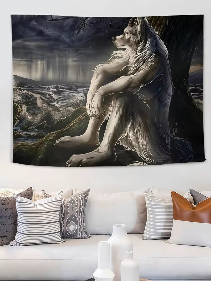 Emo White Wolf Sitting Meme Flagge von Warner Bros. in Weiß als Wandkunst und Dekoration für Innenbereich und Outdoor - Bild 5