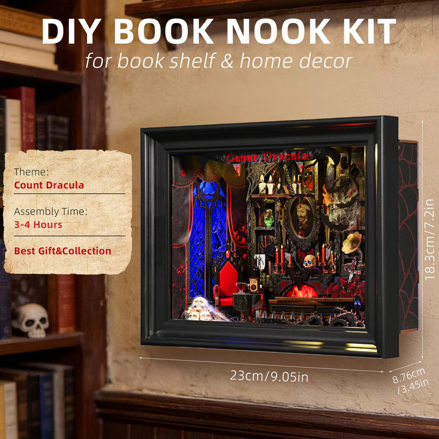 ASLOWSNAIL Buchnischen-Bausatz Vampir Dracula DIY Holzpuzzle im gotischen Stil für Halloween als dekoratives Bücherregal und Puppenhaus Modell in Natur und Mehrfarbig - Bild 2