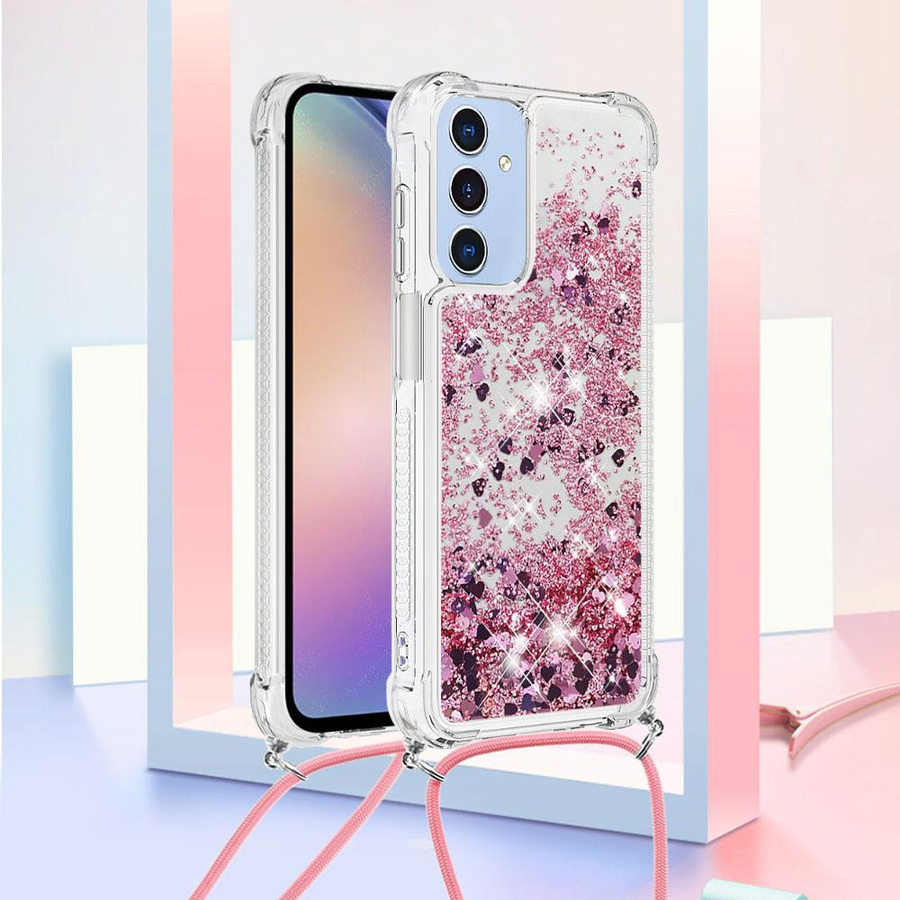Samsung Handyhülle mit Halsketten-Lanyard und Glitzer-Flüssig-Silikon-Effekt in Pink für Galaxy S25 S24 S23 S22 S21 Plus Ultra FE, stoßfeste Case mit Strap, transparent - Bild 1