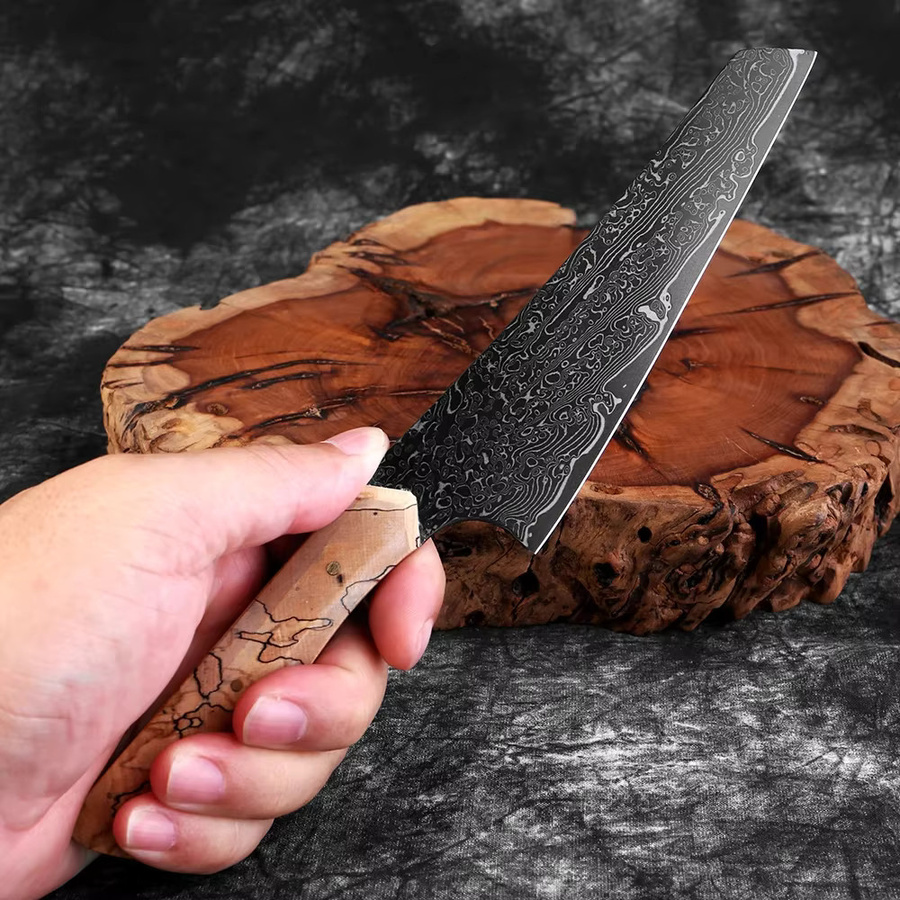 Xituo Damaststahl Schälmesser mit schwarzer Klinge und gewebtem Holzgriff, 14 cm - Bild 5