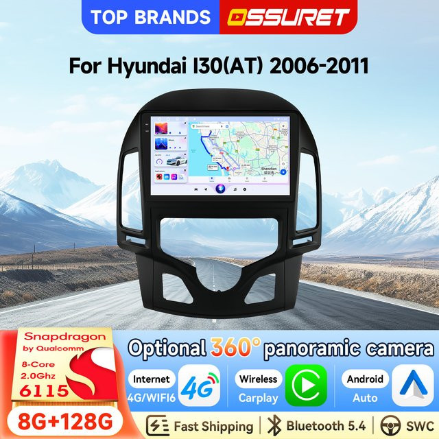 OSSURET Android 14 Autoradio für Hyundai I30 (AT) 2006-2011 mit Octa-Core 2,0GHz, HD-Display und Bluetooth in Schwarz - Bild 1