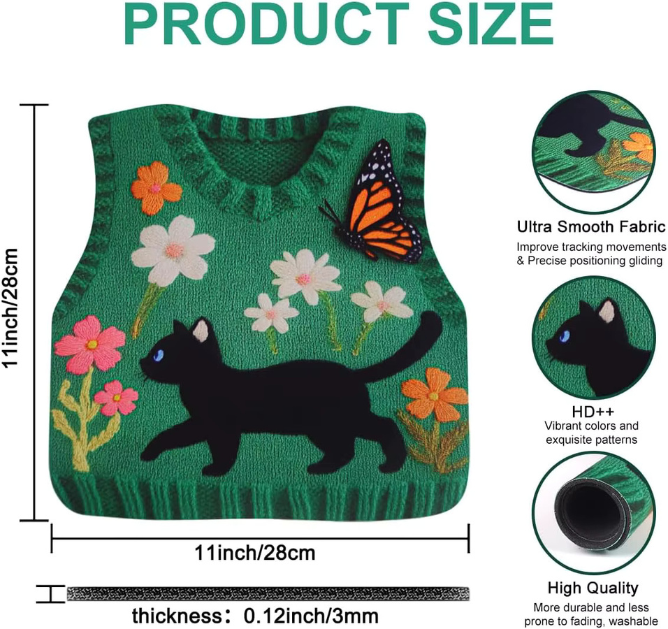 Rutschfestes Mauspad mit schwarzem Katzenpullover Design, kabelloses Desktop-Zubehör in Schwarz, Grün oder Weiß - Bild 2