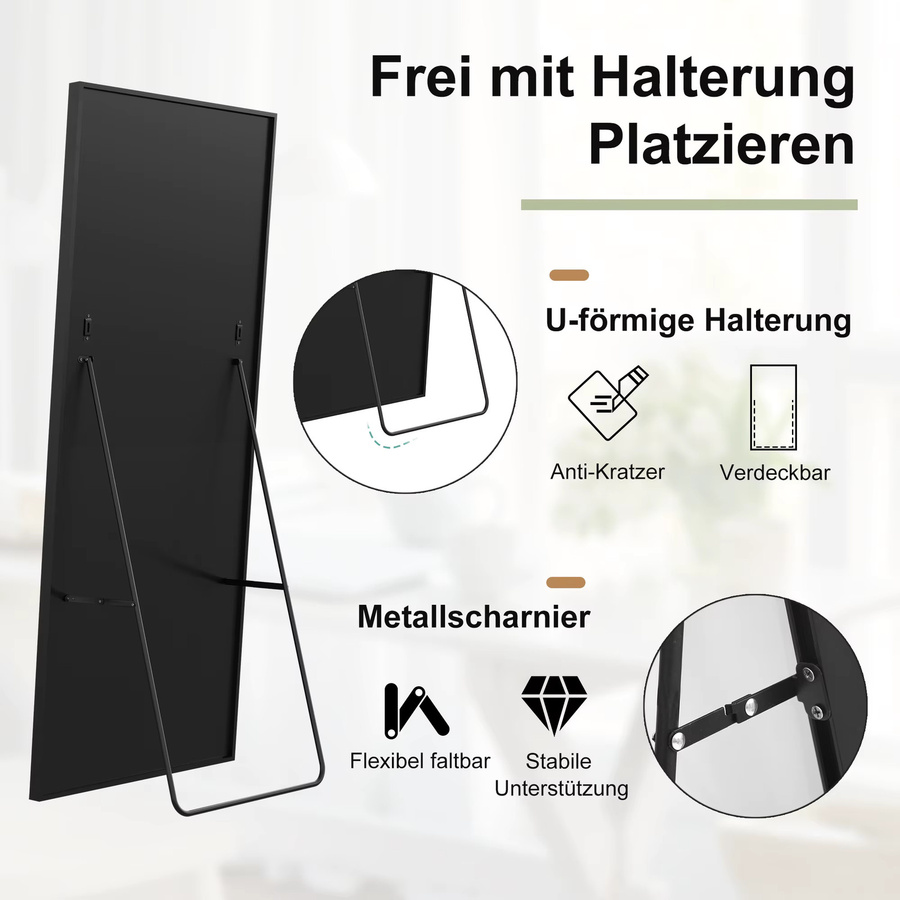 Anajqaqia Bodenspiegel in voller Länge mit Aluminiumrahmen, dekorativer Standspiegel zum Aufhängen oder Anlehnen, Gold oder Schwarz, B/T/H: 164 x 54 x 177 cm - Bild 3