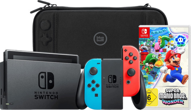Nintendo Switch Konsole in Rot/Blau inklusive Super Mario Bros. Wonder und BlueBuilt Schutzhülle - Bild 1