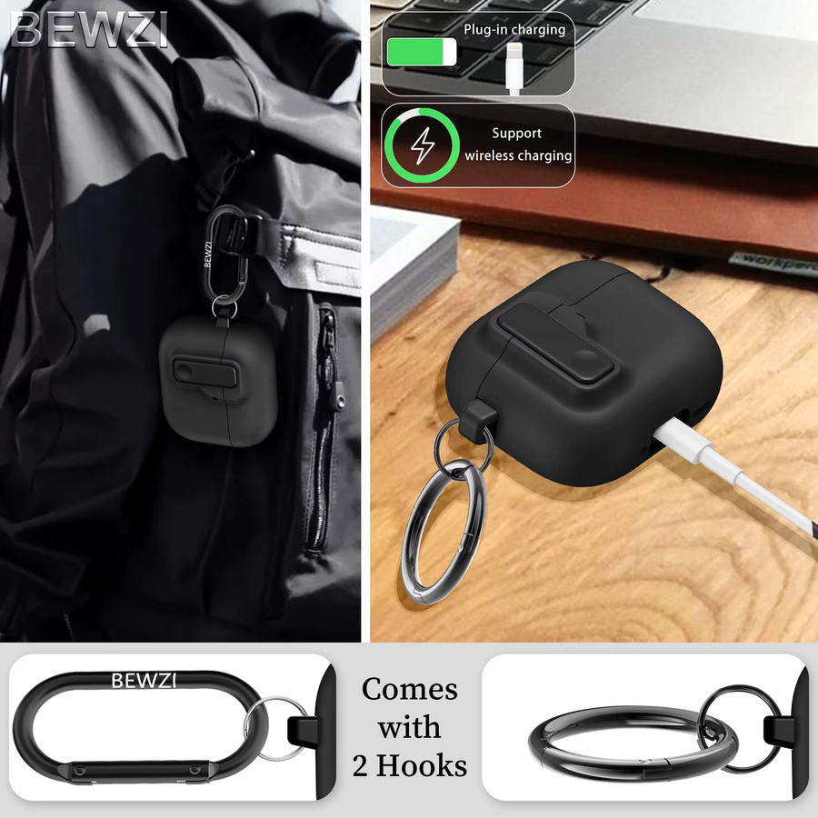 Schutzhülle für Apple AirPods 4 mit 2 Haken, Drucktastenschalter und magnetischem Pop-open-Deckel in Schwarz und Lila - Bild 3