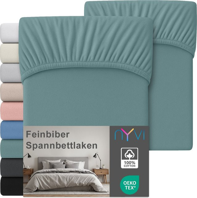 NYVI Feinbiber Spannbettlaken Deluxe 2er Set aus 100% Baumwolle, Bügelfrei, Farbe: Lindgrün, B/T: 90 x 200 cm, Steghöhe bis 25 cm - Bild 1