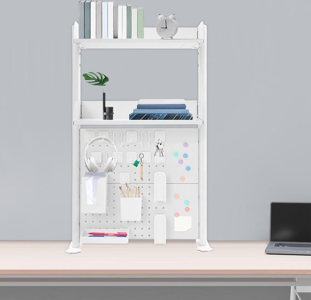 Bymaocar Clip-on-Desktop-Bücherregal-Organizer, 2-stufiges offenes Regal mit Stecktafel-Rückseite in Weiß - Bild 1
