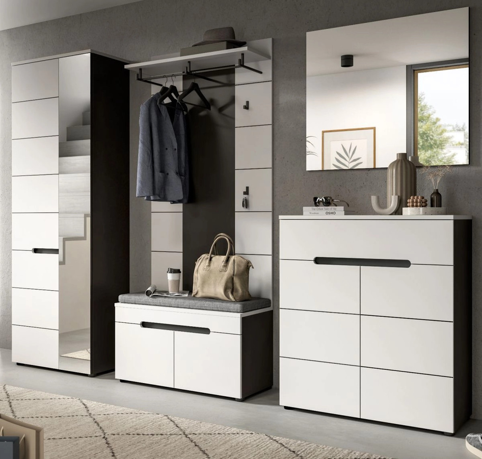 Inn.Furn Garderoben-Set Cooper 5-teilig in Weiß und Grau mit Spiegel, Bank und Schuhschrank, Breite: 255 cm - Bild 2