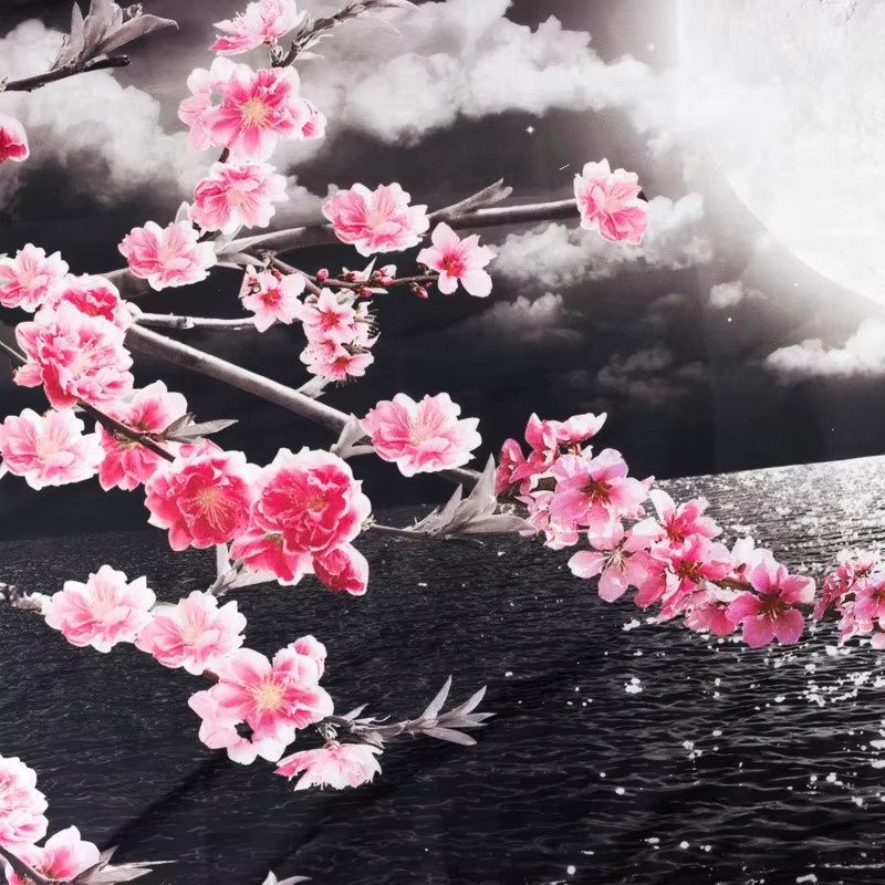 VIKAMA Wandteppich Night Ocean Cherry Blossom in Blau und Pink, Ästhetischer Sakura Wave Wandbehang mit floralem Design für dein Schlafzimmer - Bild 5