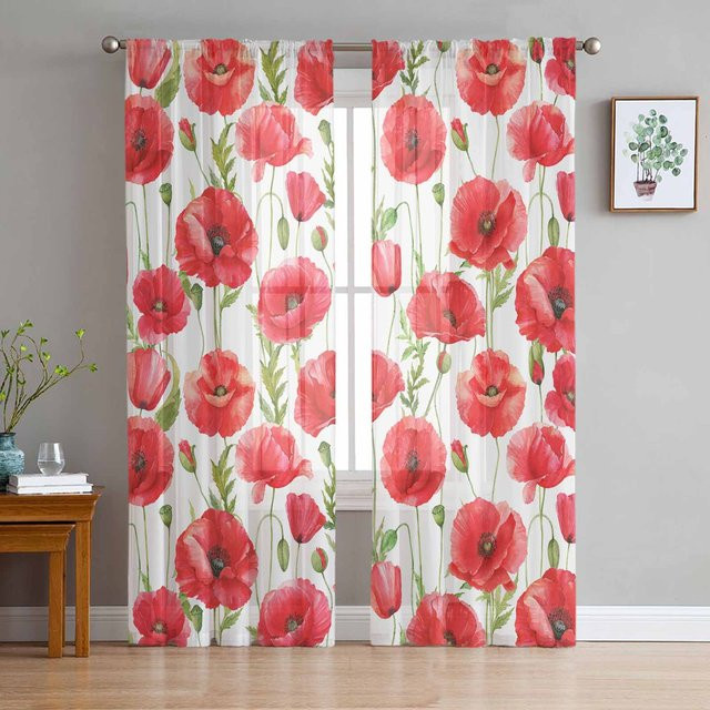 Aquarell Rote Mohnblume Transparente Vorhänge aus Organza und Tüll, 2er-Set, Farbe: Rot/Transparent, B: 135 cm, H: 115 cm - Bild 1
