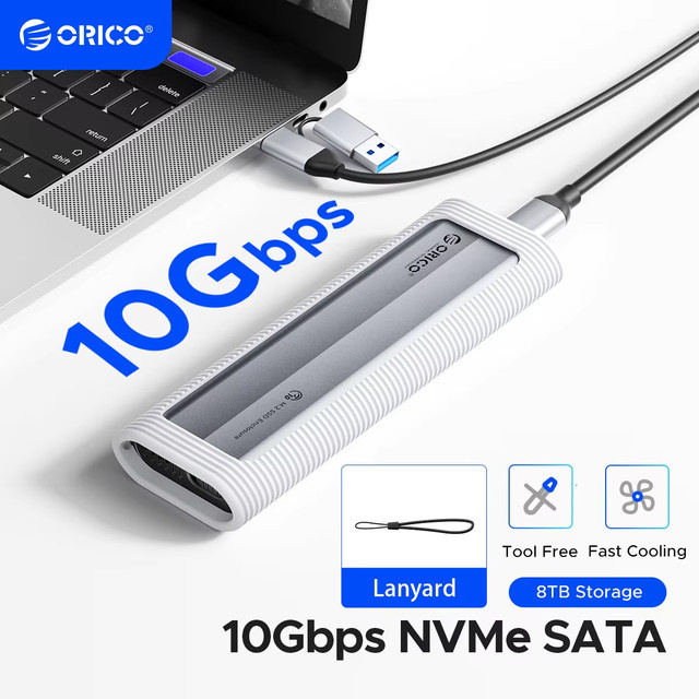 ORICO M.2 NVMe und SATA SSD Gehäuse, Werkzeugloser USB-C Adapter mit 10Gbps, unterstützt UASP für PCIe NVMe und SATA SSDs - Bild 1