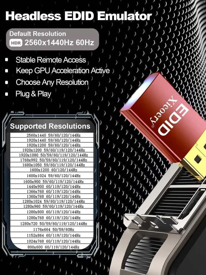 Xieoery 2K Headless HDMI-Dummy-Stecker mit HDR und 2560x1440 EDID-Emulator, virtueller Display-Adapter für 60–144 Hz bei Headless-PCs und Remote Desktop - Bild 4