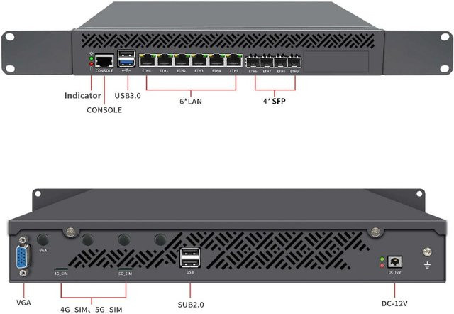 Topton 1U Rack Mounted Firewall Mini PC mit Atom C3758 C3808 C3958, 4x 10G SFP, 6x 1G LAN, DDR4 und NVMe Support, Schwarz - Bild 1