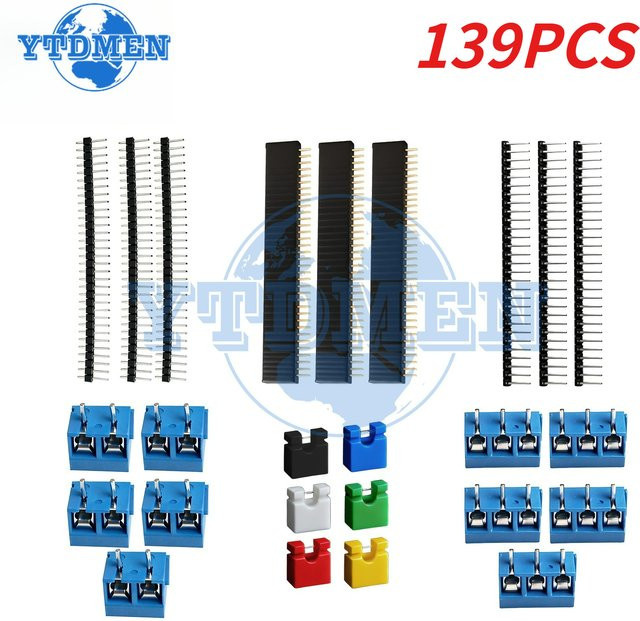 YTDMEN 139-teiliges Steckverbinder-Set mit 40-Pin 1x40 Einreihigen Stiftleisten, Jumper-Kappen und KF301 Stiftleisten in Multicolor, 2,54mm Pitch für Leiterplatten - Bild 1