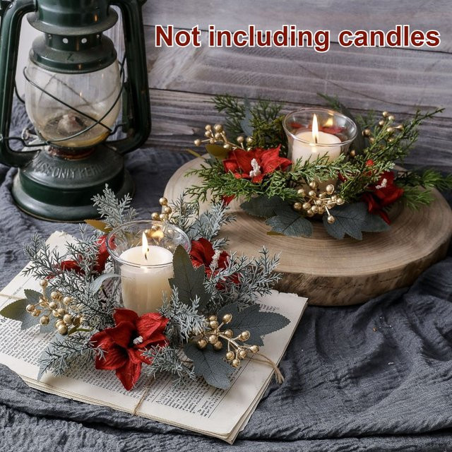 DUTRIEUX Kerzenkranz Girlande mit roten Weihnachtssternen und grünen Kiefernzweigen in Textiloptik für Tisch, Kamin oder Tür - Bild 1