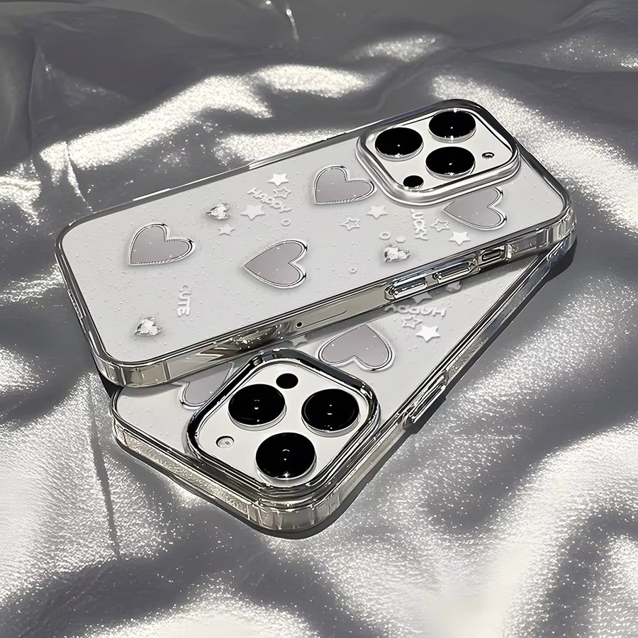 Silberne Silikon-Handyhülle mit Herz-Design für Apple iPhone (Modelle: 11, 12, 13, 14, 15, 16, 17 Pro Max), transparent und stoßfest - Bild 3