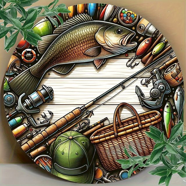 Runde Metall-Wandkunst von Potdemiel mit Barsch-Illustration und Angelausrüstung, dekoratives Aluminiumschild in Mehrfarbig, Durchmesser: 20 cm - Bild 1