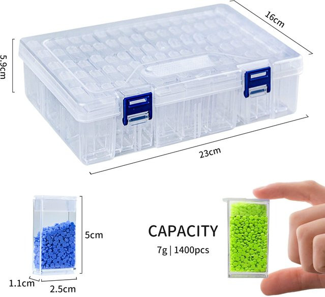 YIRAN Aufbewahrungsbox für Diamantmalerei und Perlen mit 64 oder 84 Fächern, tragbarer Kunststoff-Organizer für DIY-Projekte und Nail-Art, Weiß/Transparent - Bild 1
