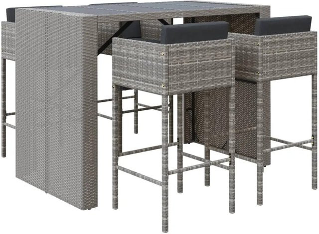 vidaXL 5-tlg Gartenbar-Set Modell 7 aus grauem Poly Rattan mit Kissen und Hartglas-Tischplatte - Bild 1