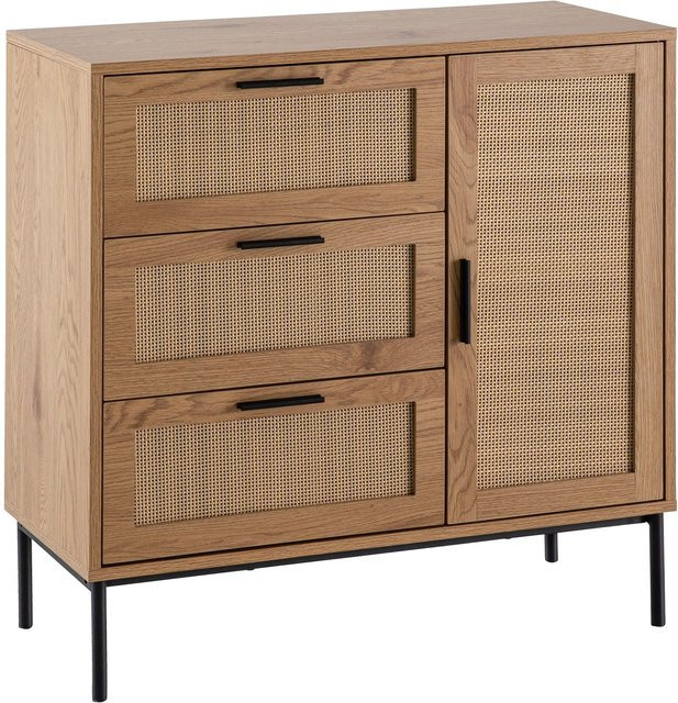 Wohnling Sideboard in Eiche Optik mit Rattan-Elementen, Farbe Natur/Schwarz, B/H/T: 80 x 82 x 36 cm - Bild 1