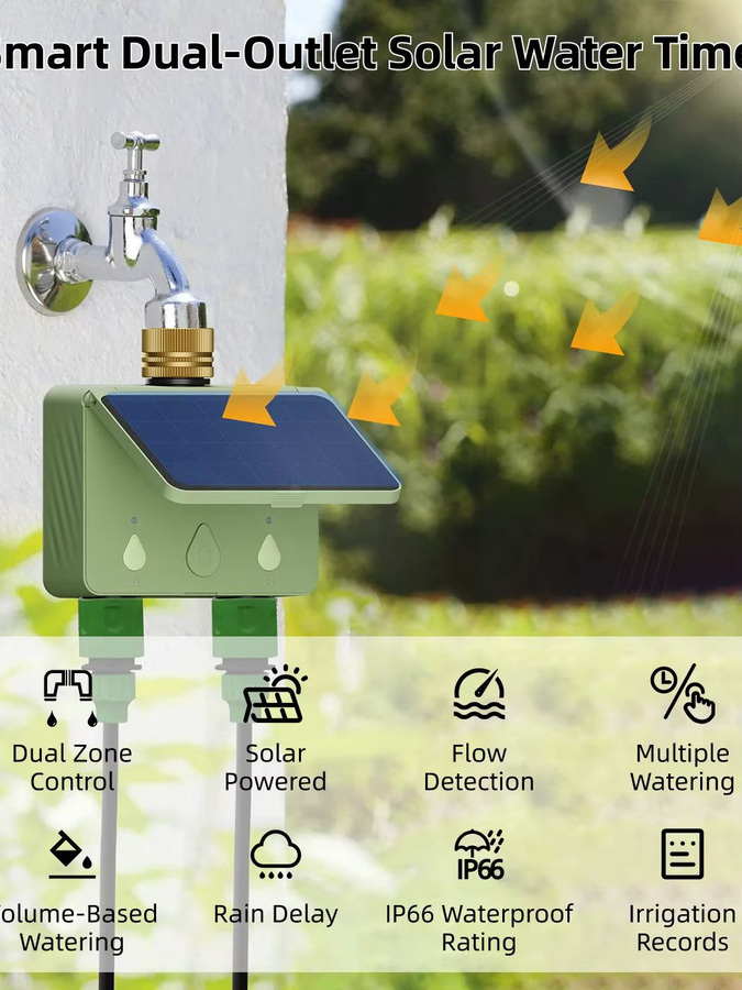 EZAIOT WLAN Smart Solar Bewässerungstimer mit 2 Steckdosen und Durchflussmesser in Grün für die intelligente Gartenbewässerung via Tuya App - Bild 7