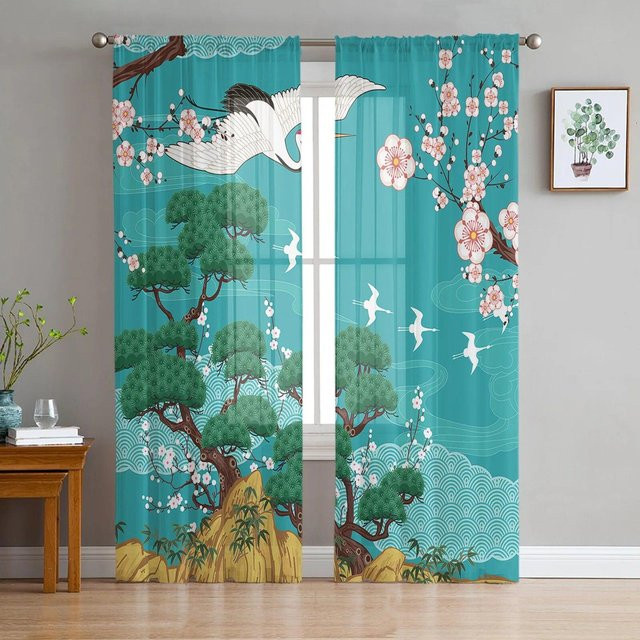 Transparenter Tüllvorhang im japanischen Stil mit Wolken, Kranichen und Eichhörnchen von A Family Of Home Textiles, Blau, Breite: 135 cm, Höhe: 137 cm - Bild 1