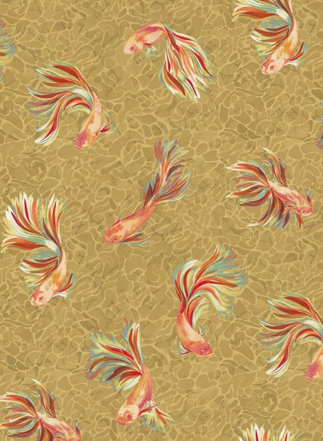 Osborne & Little Carta da parati Aquaria Tapete mit ornamentalen Fischen in Metallic Gold und Orange - Bild 1
