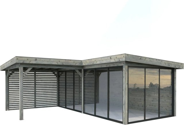 Palmako Pavillon Lenna Set 414 Slide in Grau aus tauchgrundiertem Fichtenholz mit Alu-Schiebetüren und Flachdach, B/T/H: 588 x 588 x 245 cm - Bild 1