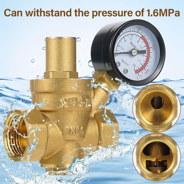 Einstellbarer Wasserdruckregler aus Messing mit Manometer DN20/15 in Gold - Bild 1
